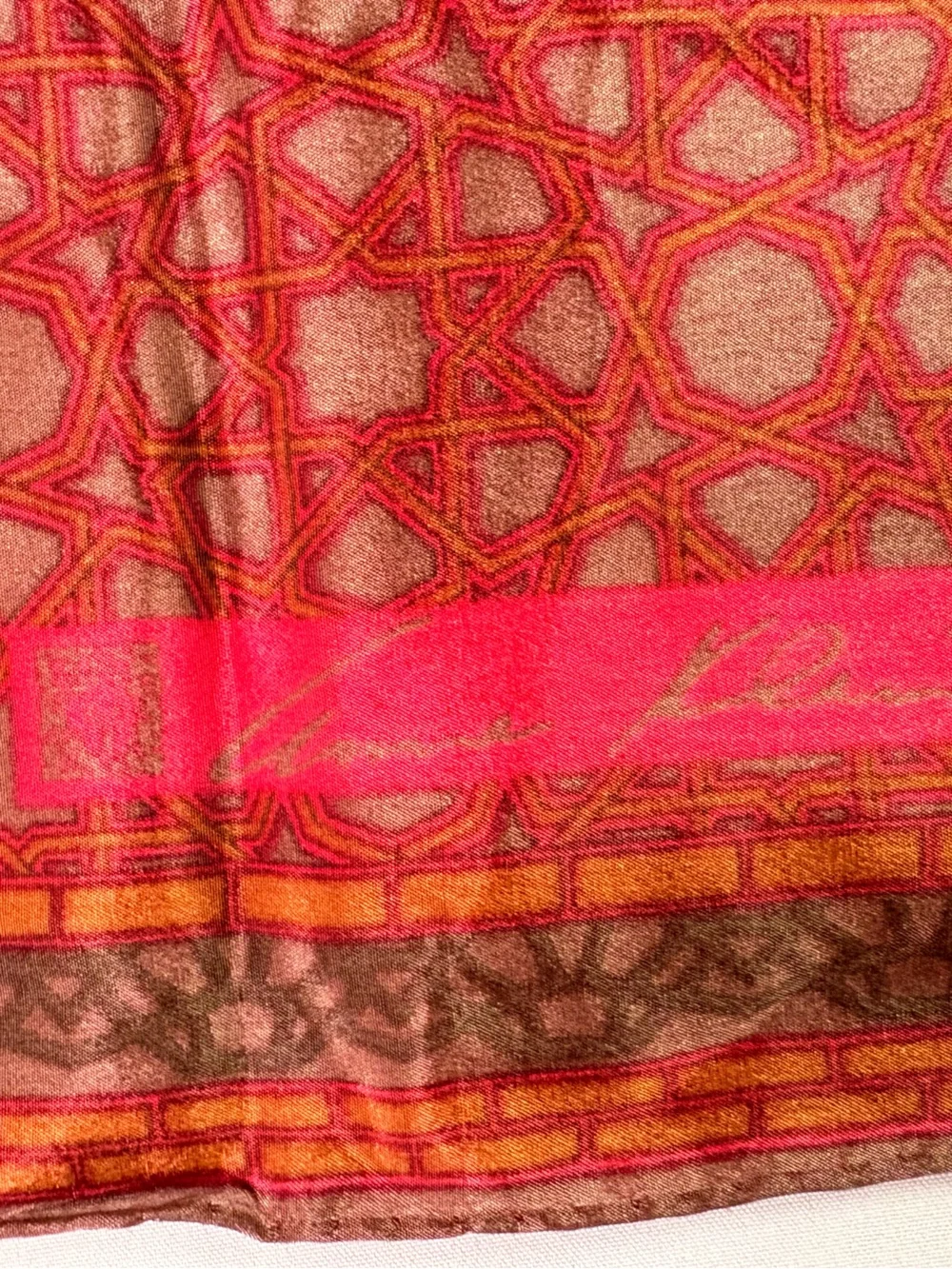 Anne Klein Red Geometric Silk Scarf with Brown and Orange Border